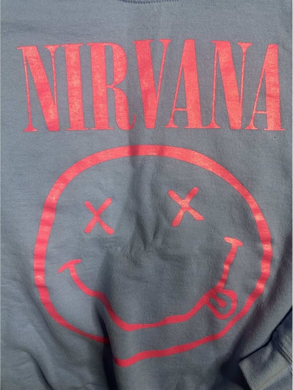 Nirvana Smiley Face Crewneck Sweatshirt Blue Pink Graphic Band Pullover Small